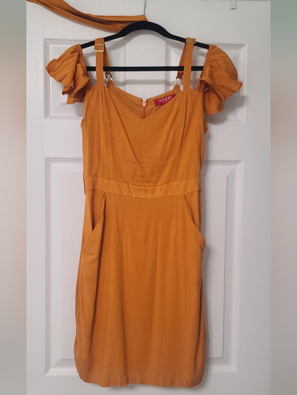 NWT GUESS Rust/Burnt Orange Off-Shoulder Mini Dress with Ruffle Sleeves